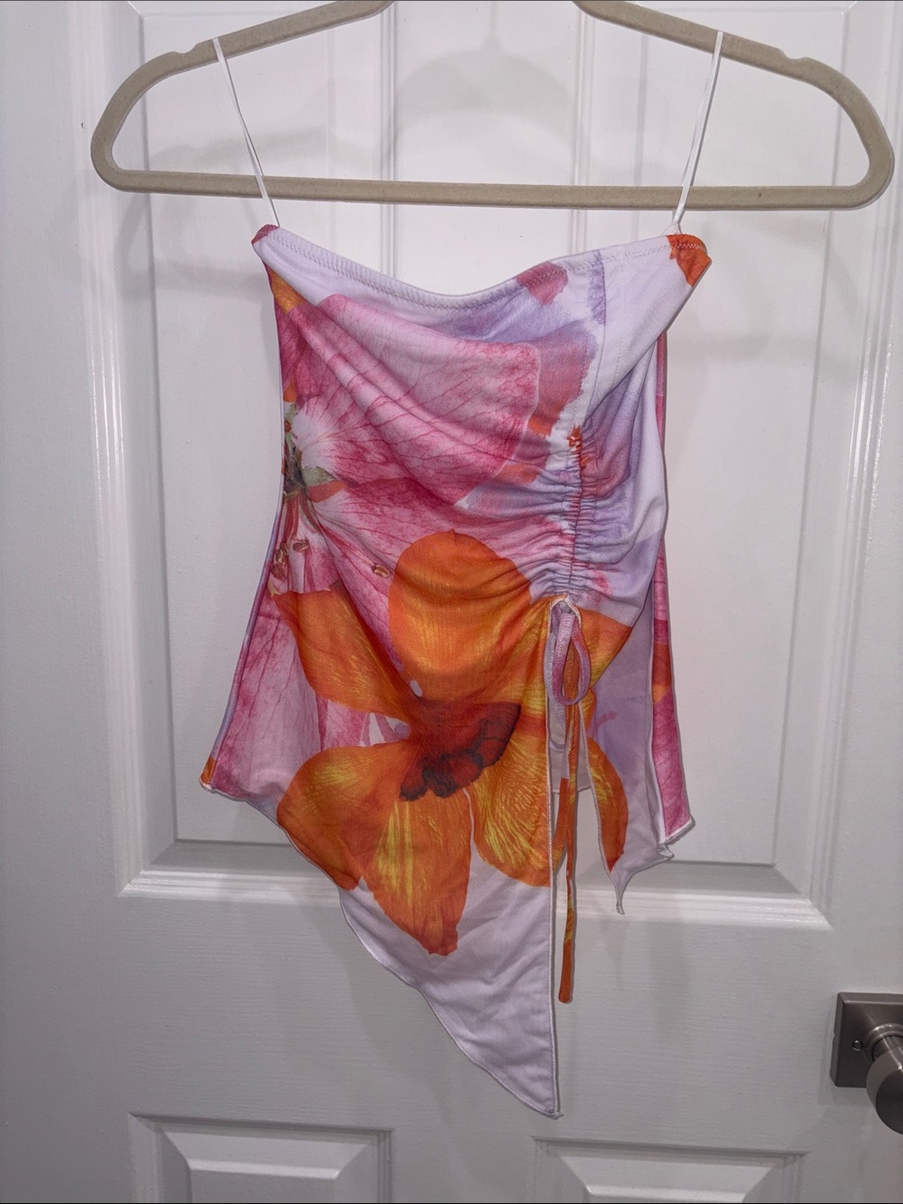 Floral Asymmetrical Drawstring Cami Top - Orange & Pink